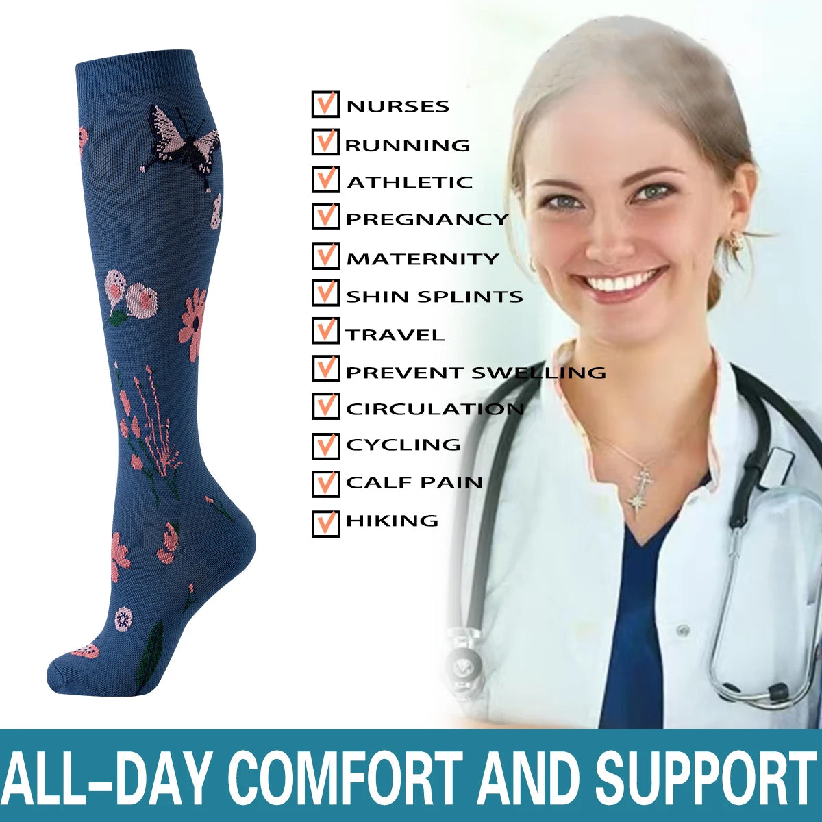 Value Pack  of 6 - Floral Compression Socks for Women & Men Nurse Graduated Compression Socks Flower Sport Stocking