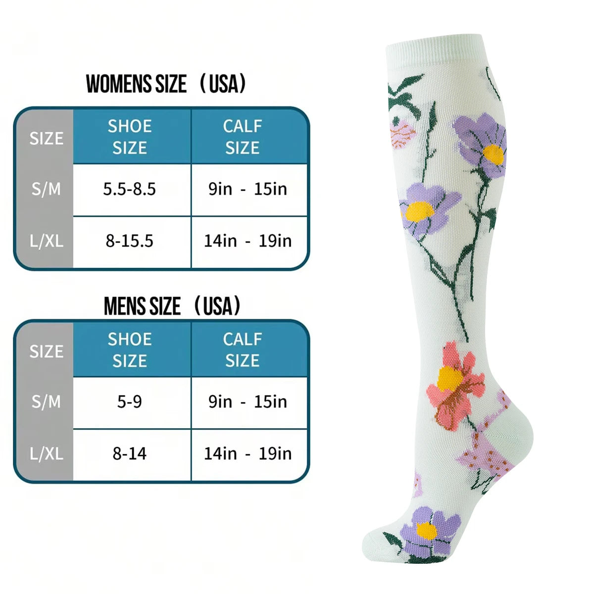 Value Pack  of 6 - Floral Compression Socks for Women & Men Nurse Graduated Compression Socks Flower Sport Stocking