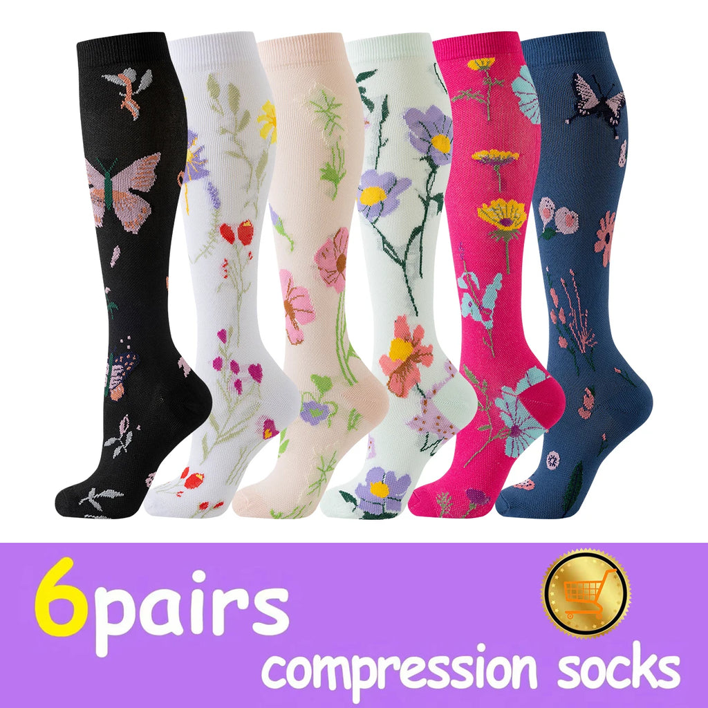 Value Pack  of 6 - Floral Compression Socks for Women & Men Nurse Graduated Compression Socks Flower Sport Stocking