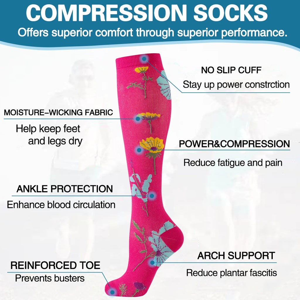 Value Pack  of 6 - Floral Compression Socks for Women & Men Nurse Graduated Compression Socks Flower Sport Stocking