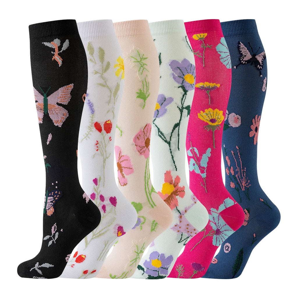 Value Pack  of 6 - Floral Compression Socks for Women & Men Nurse Graduated Compression Socks Flower Sport Stocking