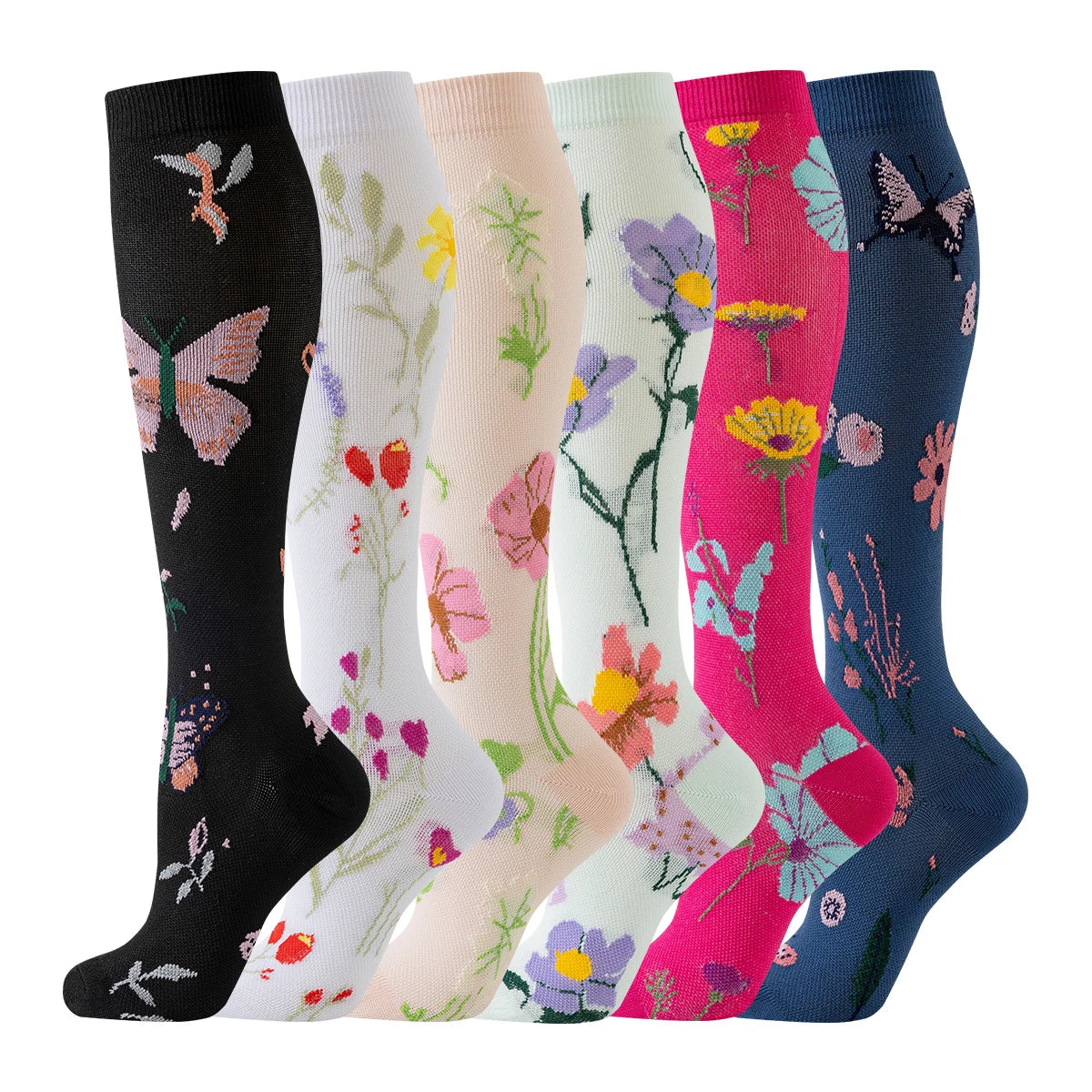Value Pack  of 6 - Floral Compression Socks for Women & Men Nurse Graduated Compression Socks Flower Sport Stocking